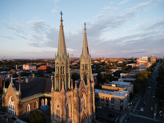 Drone view of Saint-Edouard Church is a Roman Catholic church in Montreal at the sunset, Quebec,...