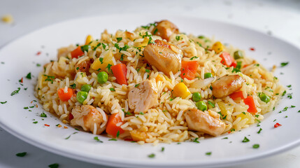 a plate of Chicken Fried Rice, rice with chicken and vegetables on it.
