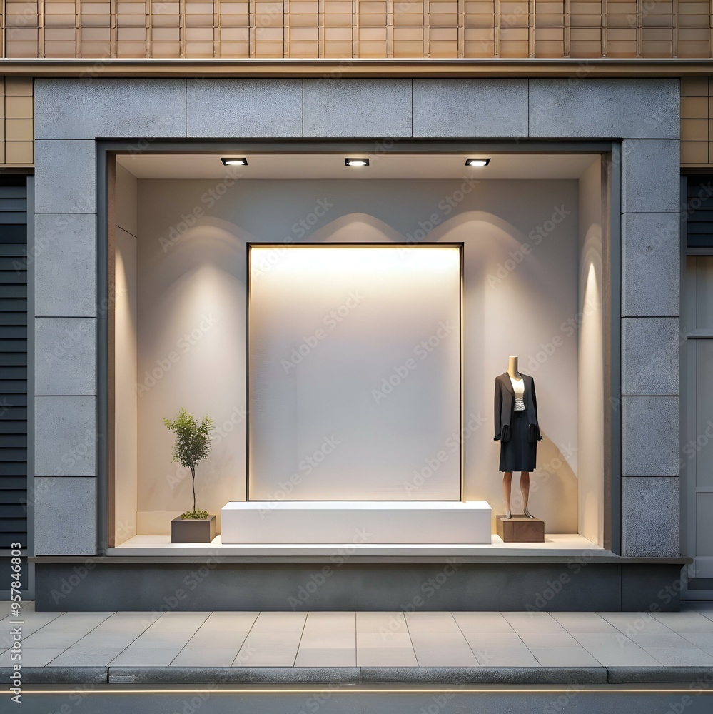 Poster a blank storefront window with a mannequin in a suit. ready for your advertisement.