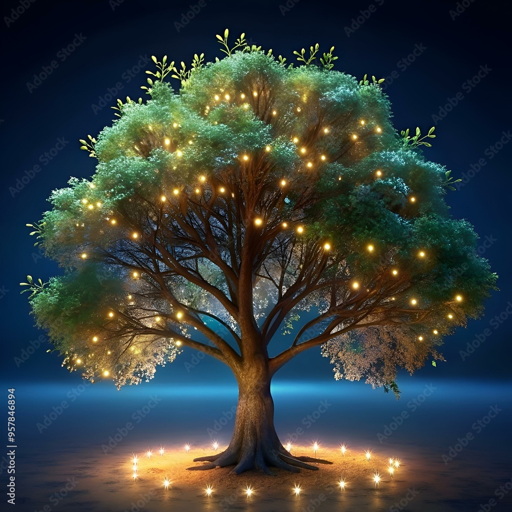 Poster a magical. 3d rendered alder tree glows with soft. warm lights. creating a serene and enchanting atm