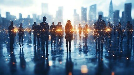 Obraz premium A group of diverse people connected by a web of glowing network nodes, each node pulsating with light, set against a backdrop of a digital world map, soft ambient glow, hd quality.