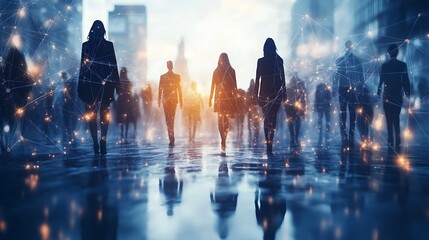 A high-tech digital grid connecting diverse people from different cultures, each standing on a separate node, with glowing lines linking them together, set in a sleek, modern environment,