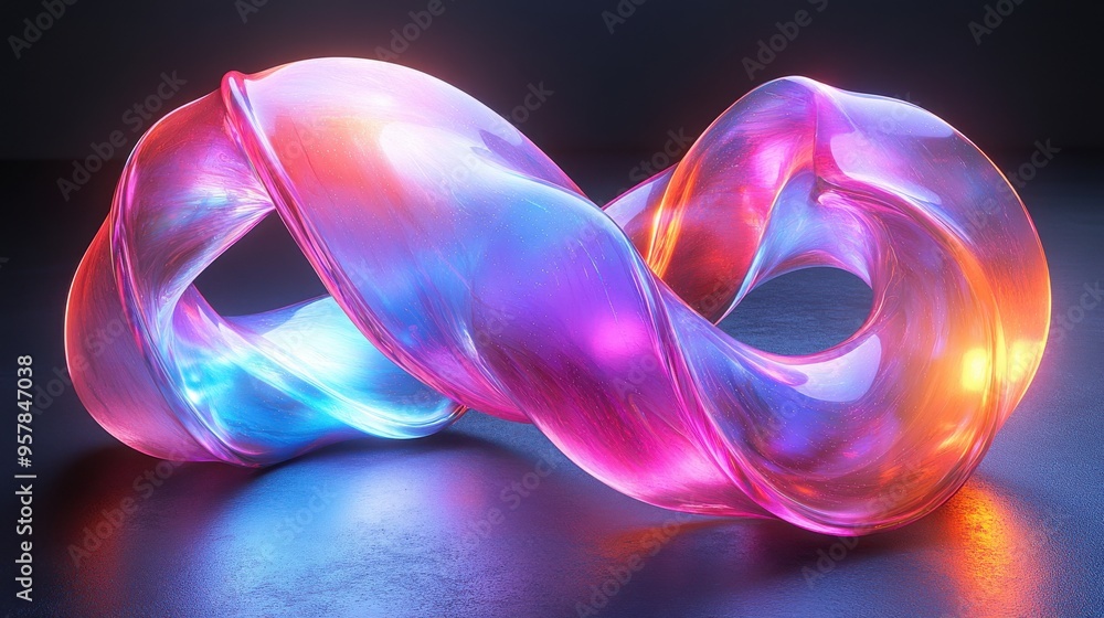 Poster 3d render of a glowing iridescent liquid glass element in a flexible holographic form. it morphs int