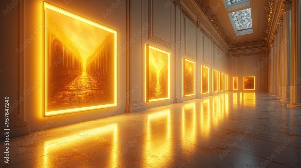 Poster 3d render of a golden square frame on a wall in an empty room illuminated by sunlight in an art gall