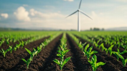 Organic farm with a wind turbine in the background showcasing the of renewable energy and sustainable agriculture in a picturesque countryside landscape