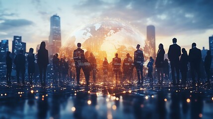 Diverse individuals representing different cultures standing around a glowing digital globe, each connected by luminous lines symbolizing global communication, dark gradient background,