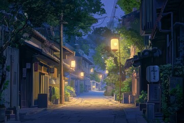 Fototapeta premium Cozy evening walk through an old-fashioned neighborhood with vintage streetlights and a soft, ambient glow. Cozy vibe, Generative AI 