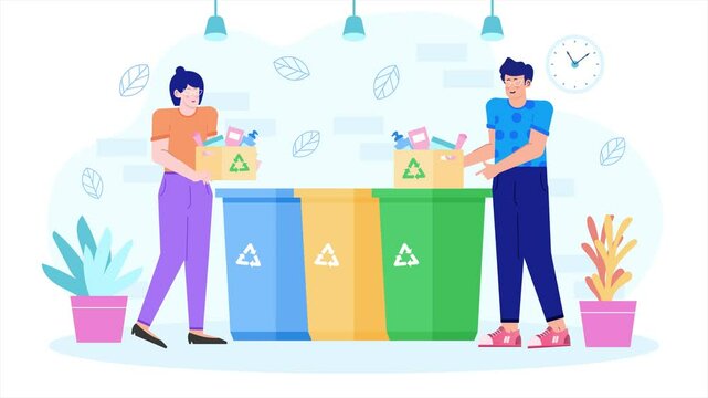 Individuals engaging in waste sorting and environmental sustainability illustration business animated video
