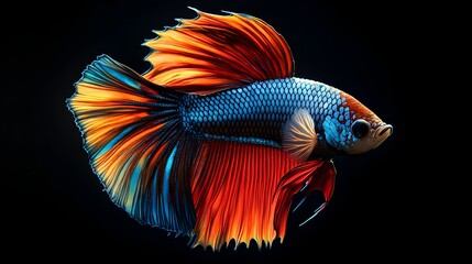 Fototapeta premium Betta Fish Showcasing Iridescent Scales and Flowing Fins in Bright Light with Deep Dark Background