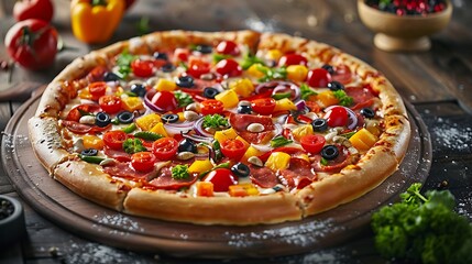 A gourmet pizza with toppings arranged to resemble a work of art, using fresh vegetables, cheeses, and meats to create a visually stunning and appetizing pattern on the crust. 8k UHD, suitable 