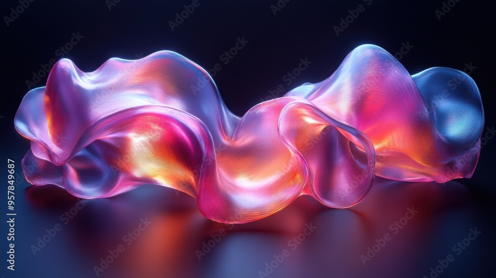 Poster 3d render of a holographic foil with a ripple effect, featuring a morphing iridescent glass object t