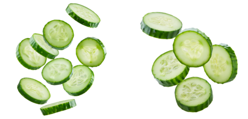 Collection of flying or floating cucumber slices isolated on transparent background, png cucumber slice cutout