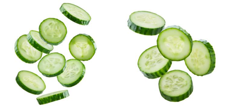 Collection of flying or floating cucumber slices isolated on transparent background, png cucumber slice cutout