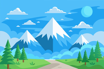 Vector snowy winter mountains cartoon landscape with hills and pines on foreground