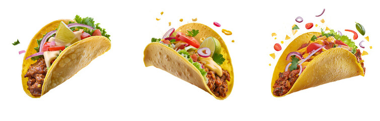Collection of mexican beef tacos isolated on transparent background, png taco cutout