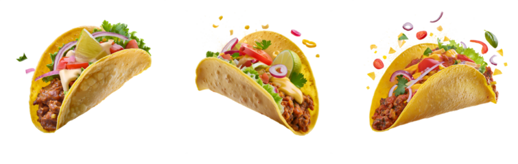 Collection of mexican beef tacos isolated on transparent background, png taco cutout