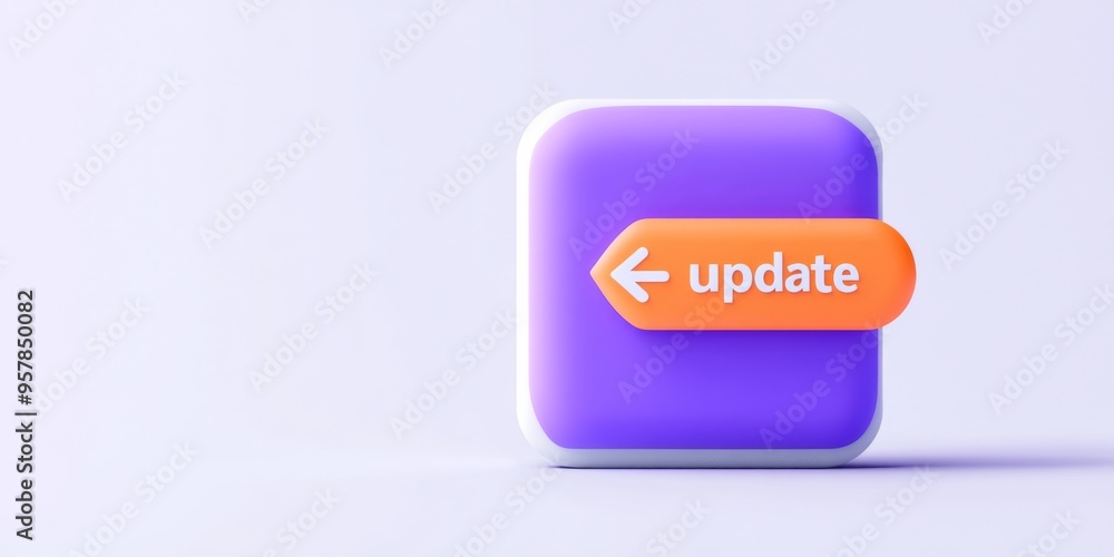 Poster violet 'update' button with arrow and orange circle on white background