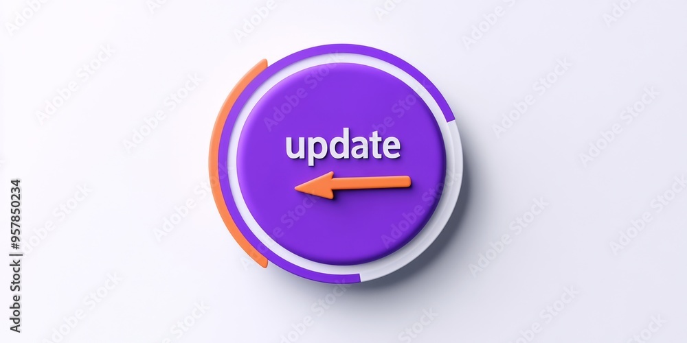 Poster violet 'update' button with arrow and orange circle on white background