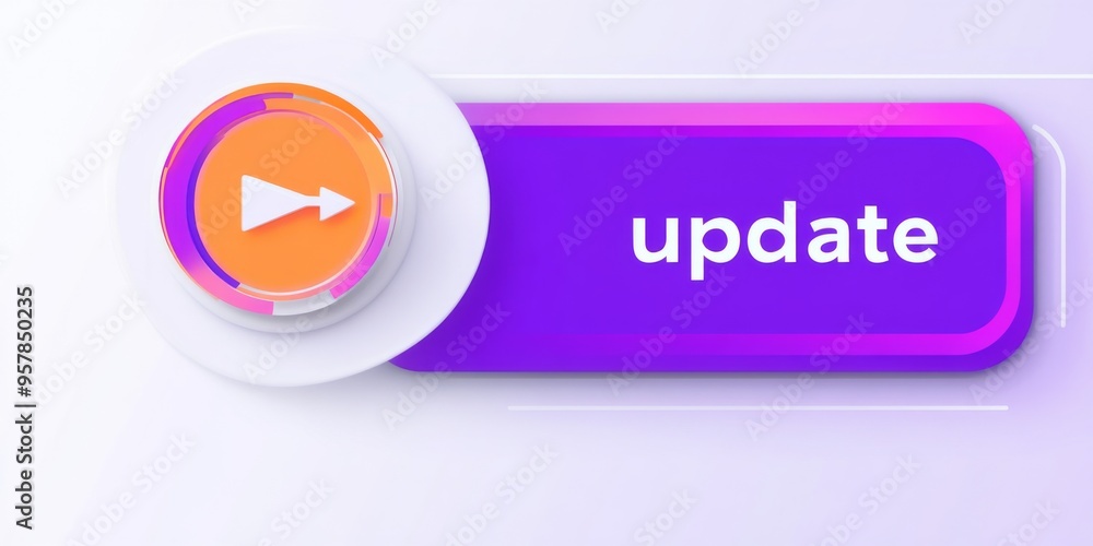 Poster violet 'update' button with arrow and orange circle on white background