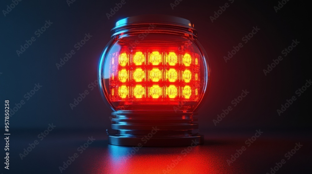 Poster 3d render of a spinning red flashing emergency alarm in a looping animation.