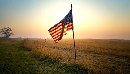 Patriotic Sunset: A weathered American flag waves proudly in the golden light of sunset, casting a long shadow across a vast field of golden wheat.