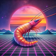 A futuristic 3D illustration of a tempura shrimp against a retro 80s aesthetic background.
