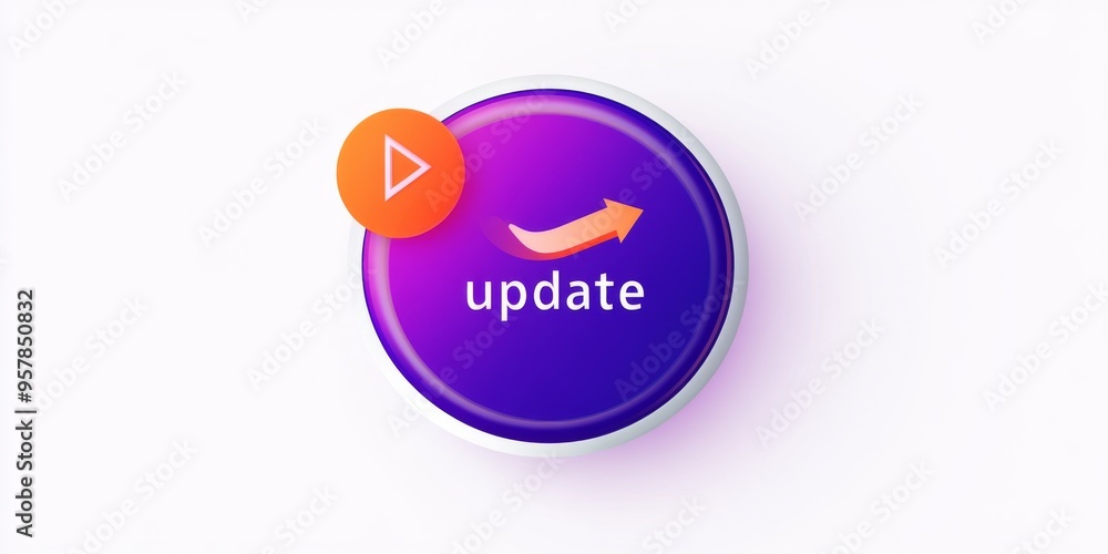Poster violet 'update' button with arrow and orange circle on white background