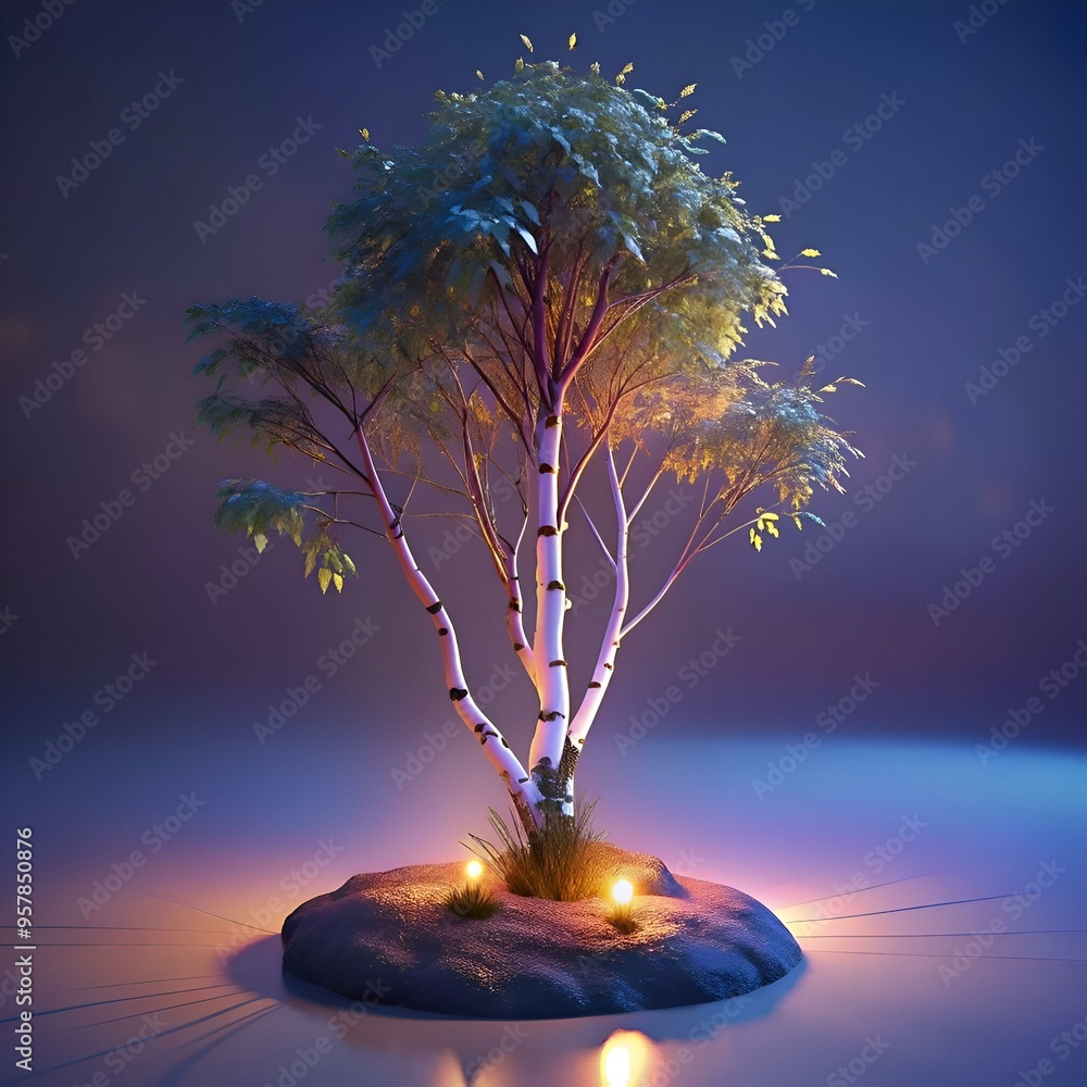 Poster a 3d rendering of a lone birch tree on a small island. illuminated by soft light.