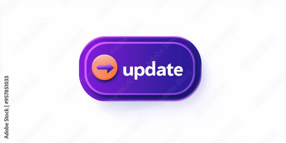 Poster violet 'update' button with arrow and orange circle on white background