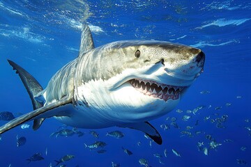 Fototapeta premium Great White Shark with Open Mouth and Teeth Surrounded by Smaller Fish
