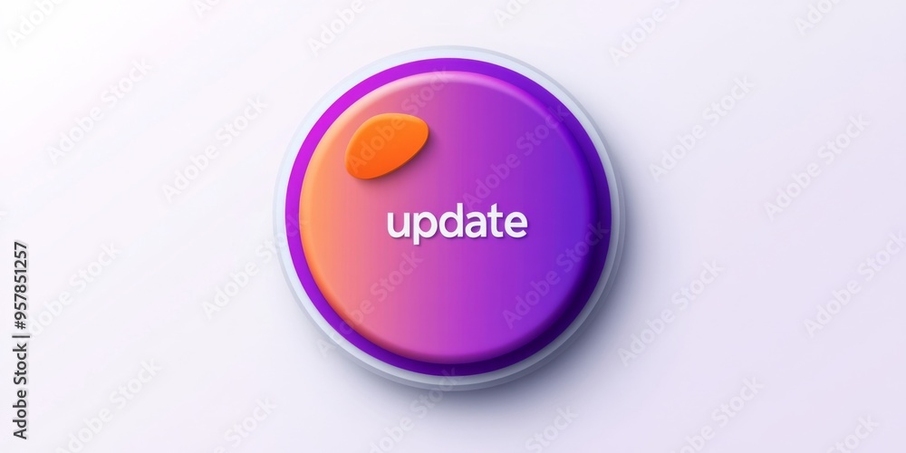 Poster violet 'update' button with arrow and orange circle on white background