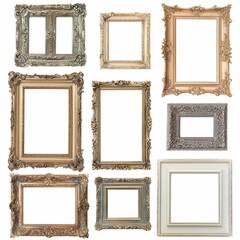 A collection of empty ornate picture frames in various finishes isolated on a transparent 