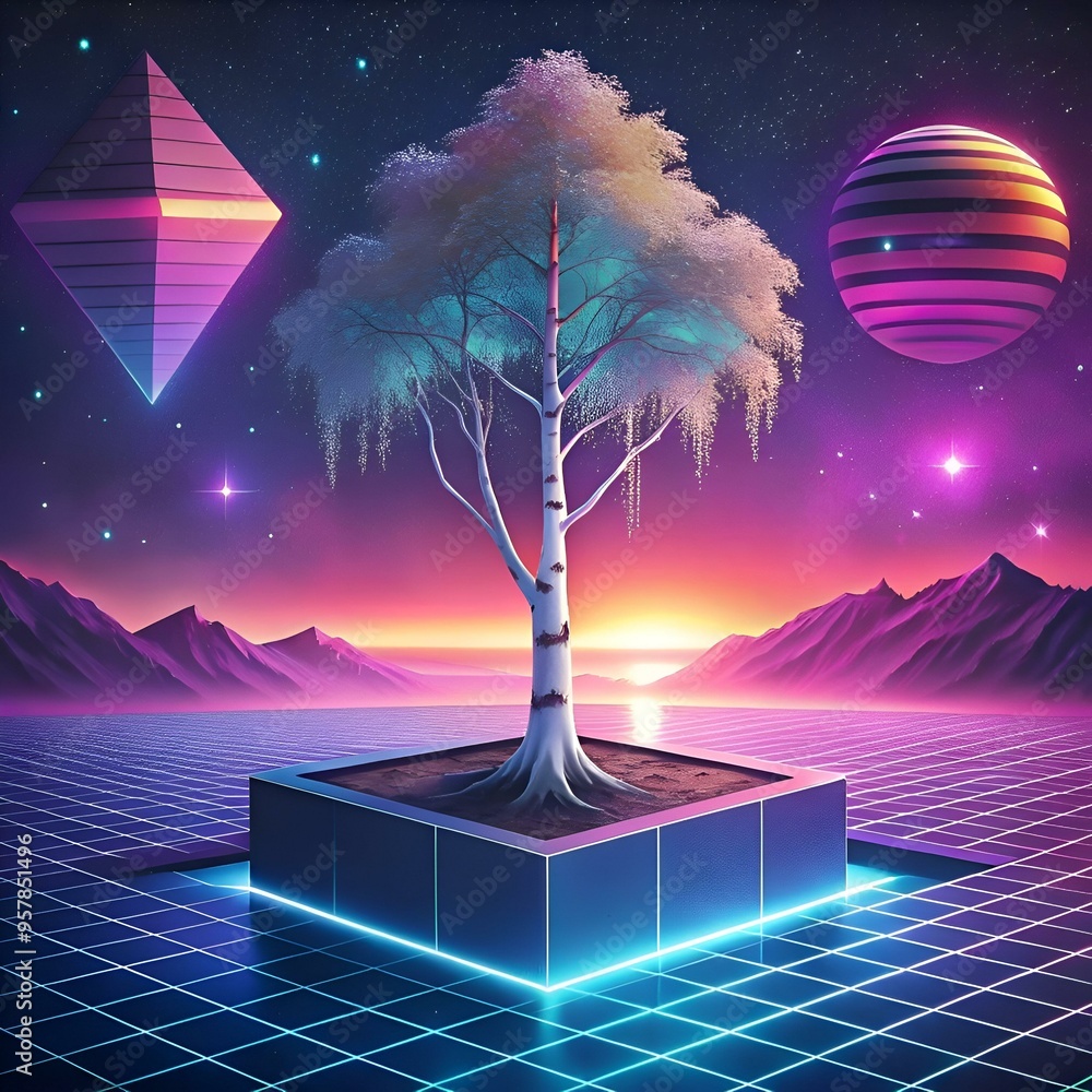 Poster a futuristic landscape with a single birch tree standing tall in a glowing neon square. set against 
