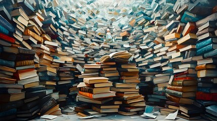 Chaotic Pile of Books Overwhelms Tiny Figure in Surreal Art Style