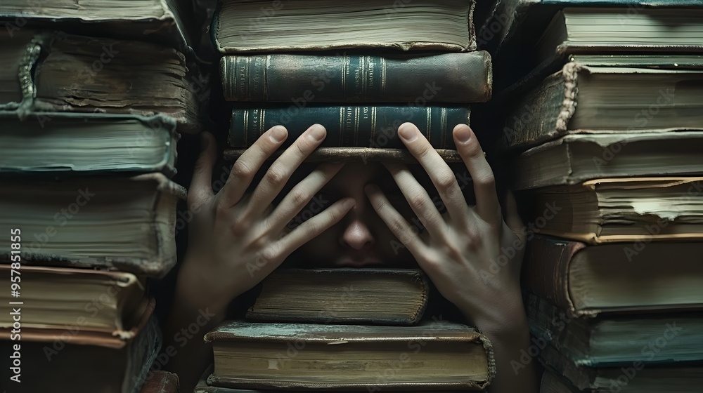 Poster hands reaching out from beneath a towering stack of books symbolizing academic pressure and the stru