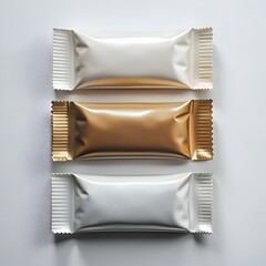 Three blank. foil wrapped snack bar packaging mockups in different colors: gold. silver. and white.