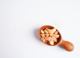 Frankincense or olibanum aromatic resin used in incense and perfumes.