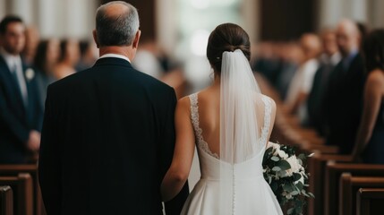 Bride in elegant white dress walking down the aisle with her father in a touching matrimonial ceremony celebrating the deep tradition and cherished moment of a wedding