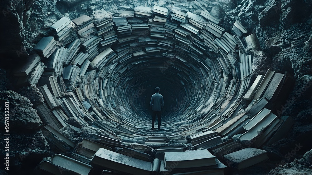 Poster spiral vortex of books entrapping intellectual figure in cycle of knowledge