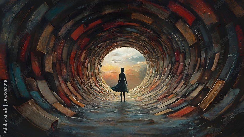 Poster spiral vortex of knowledge enveloping a pensive figure in contemplative entrapment