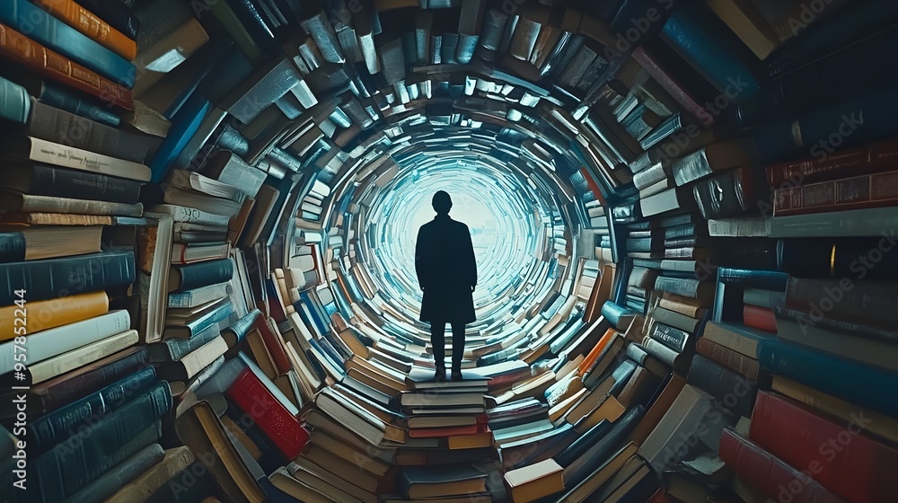 Poster spiral vortex of knowledge trapping intellectual figure in dark cycle