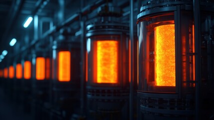 Illuminated industrial machinery showcases glowing elements, highlighting technological advancement in manufacturing environments.