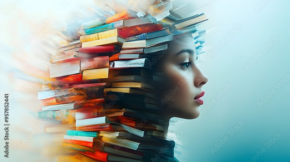 Poster vivid floating book stack enveloping a contemplative person