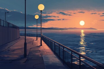 Quiet evening walk along a seaside boardwalk with the setting sun reflecting off the calm waters. Cozy vibe, Generative AI 