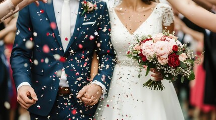 Newlywed couple exiting their wedding ceremony as guests enthusiastically throw colorful confetti to celebrate the joyous occasion  Shallow depth of field captures the festive and romantic moment