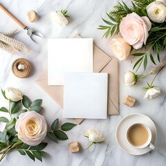 Elegant save the date card mockup with delicate roses. a kraft envelope. and a cup of coffee on a marble background.