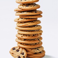 Chocolate chip cookies piled high in the air The cookies are golden brown. There are black chocolate chips scattered on top of the cookies, and other ingredients such as nuts or dried fruit.