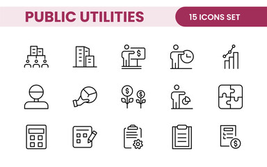 Public utilities linear signed icon collection. Signed thin line icons collection. Set of public utilities simple outline icons.