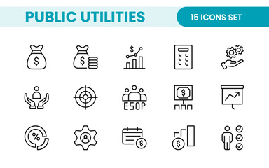  Public utilities linear signed icon collection. Signed thin line icons collection. Set of public utilities simple outline icons.