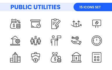  Public utilities linear signed icon collection. Signed thin line icons collection. Set of public utilities simple outline icons.